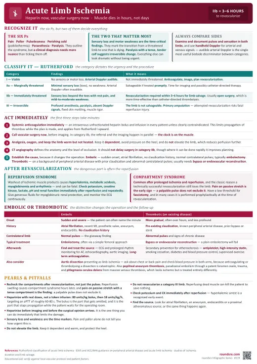 Acute Limb Ischemia one-page infographic. Heparin now · Rutherford IIb means 3-6 hours.