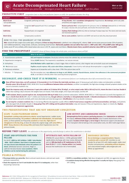 Acute Heart Failure one-page infographic. Phenotype · decongest · find the precipitant · start the pillars. Tap to open the full-size printable PDF.