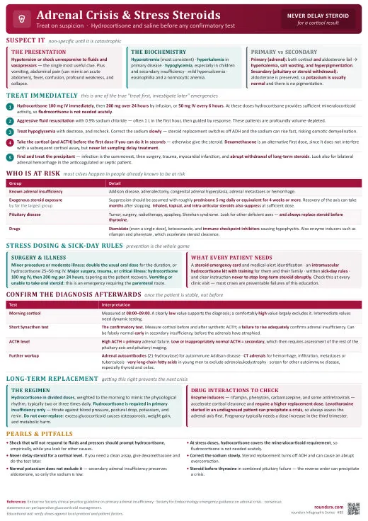 Adrenal Crisis & Stress Steroids one-page infographic. Treat on suspicion · never delay steroid for a cortisol. Tap to open the full-size printable PDF.