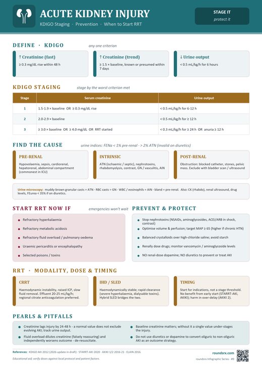 Acute Kidney Injury one-page infographic. KDIGO Staging · Prevention · When to Start RRT.