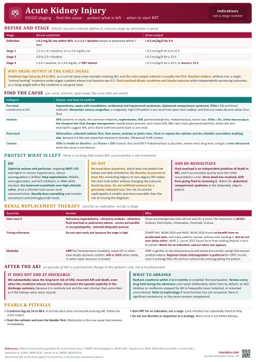 Acute Kidney Injury one-page infographic. KDIGO Staging · Prevention · When to Start RRT. Tap to open the full-size printable PDF.