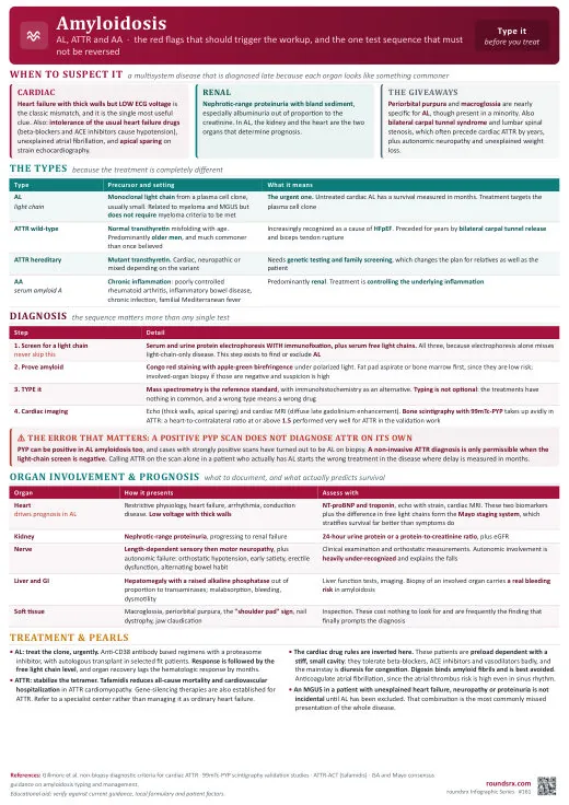 Amyloidosis one-page infographic. AL, ATTR and AA · red flags, the typing sequence, and why a positive PYP scan is not enough.