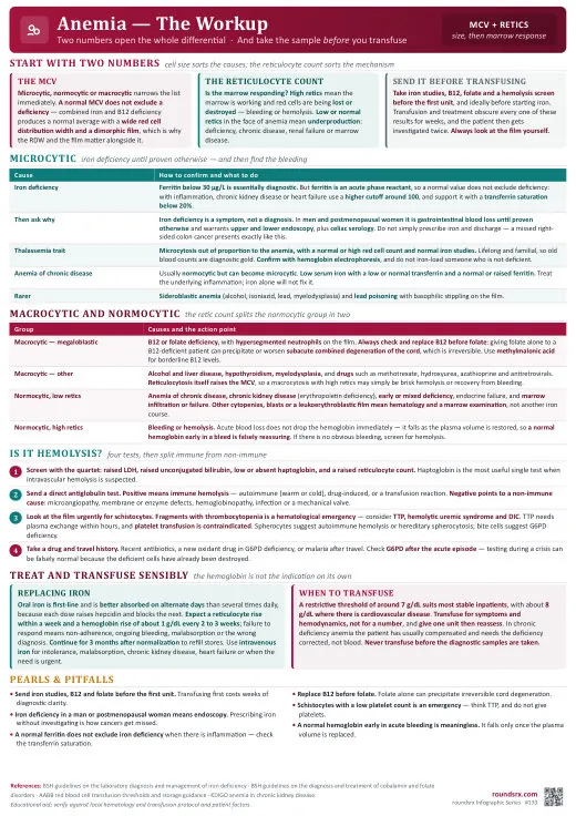 Anemia: The Workup one-page infographic. MCV and retics · Send the labs before you transfuse. Tap to open the full-size printable PDF.