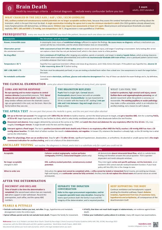 Brain Death one-page infographic. Death by neurological criteria · a rigorous checklist. Tap to open the full-size printable PDF.