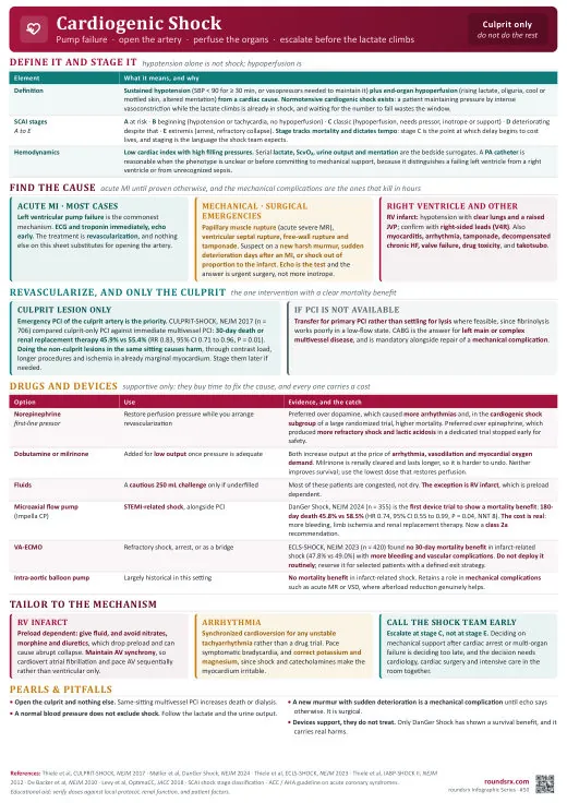 Cardiogenic Shock one-page infographic. Pump failure · perfuse the organs, fix the cause. Tap to open the full-size printable PDF.