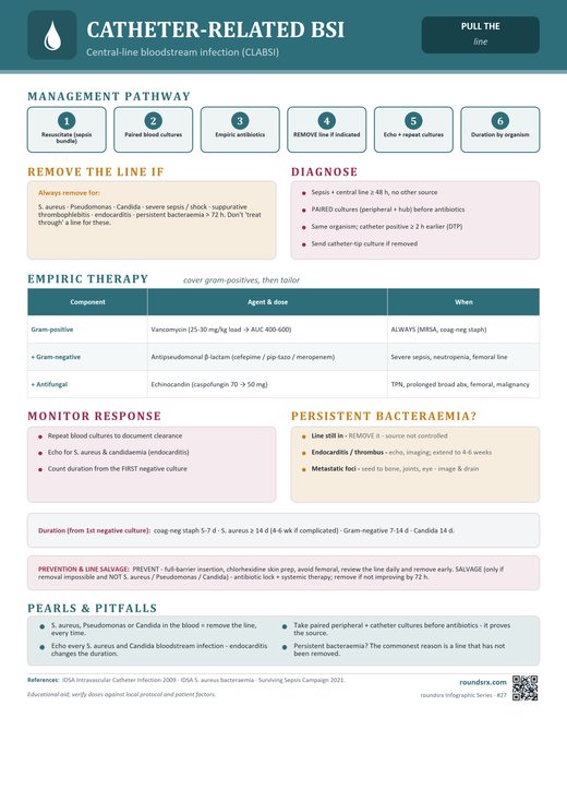 Catheter-Related BSI one-page infographic. Central-line bloodstream infection (CLABSI).