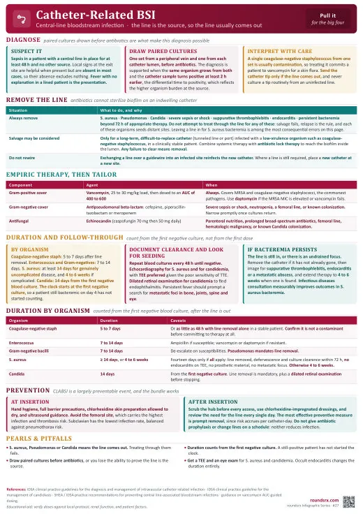 Catheter-Related BSI one-page infographic. Central-line bloodstream infection (CLABSI).