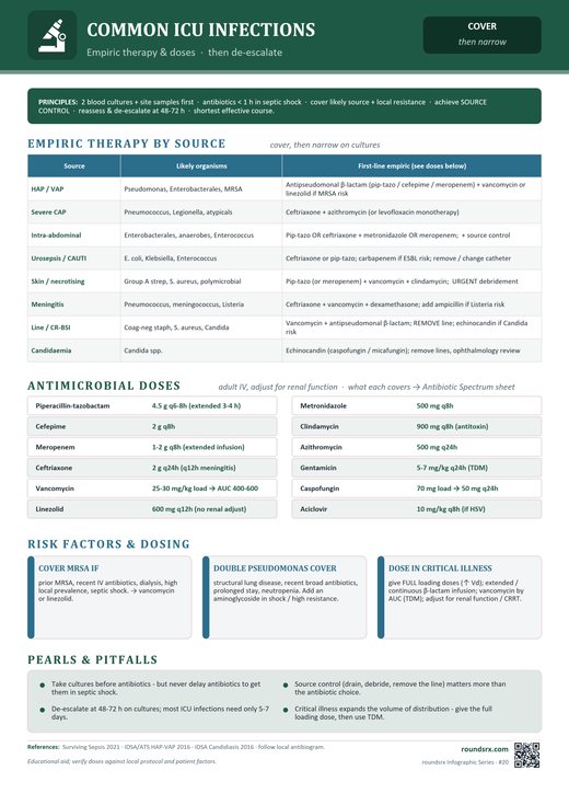 Common ICU Infections one-page infographic. Empiric therapy & doses · then de-escalate.
