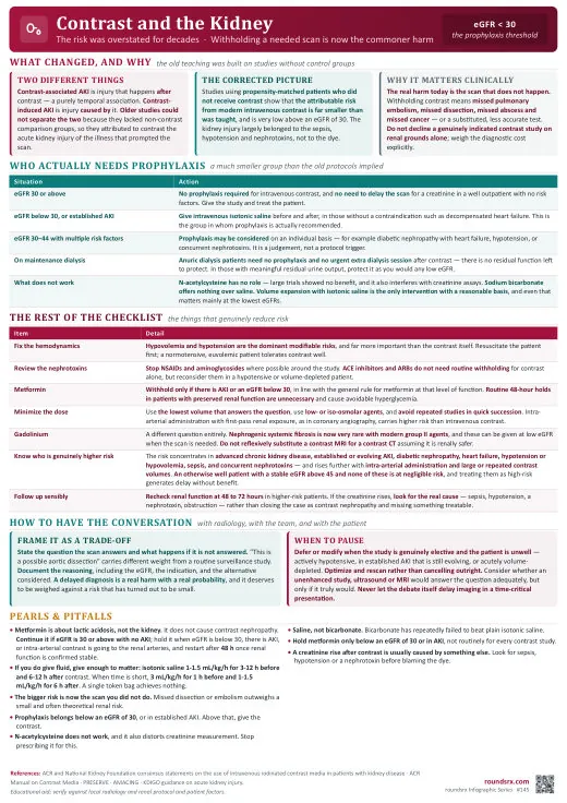 Contrast and the Kidney one-page infographic. The risk was overstated · The missed scan is the bigger harm. Tap to open the full-size printable PDF.