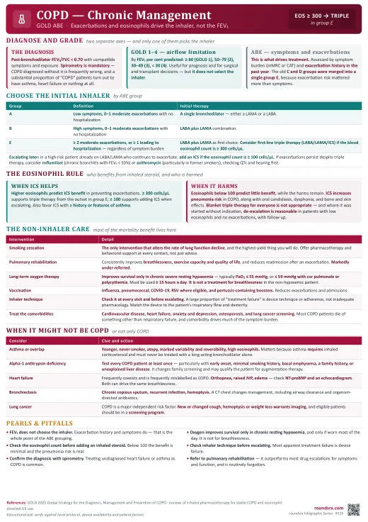 COPD: Chronic Management one-page infographic. GOLD ABE · exacerbations and eosinophils pick the inhaler. Tap to open the full-size printable PDF.