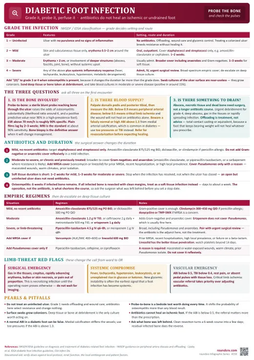 Diabetic Foot Infection one-page infographic. Grade it, probe it, perfuse it · antibiotics alone will not heal it. Tap to open the full-size printable PDF.