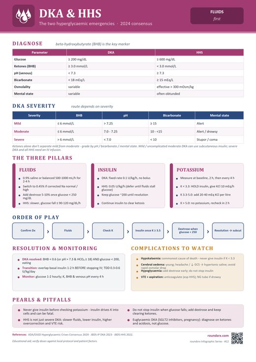 DKA & HHS one-page infographic. The two hyperglycemic emergencies · 2024 consensus.