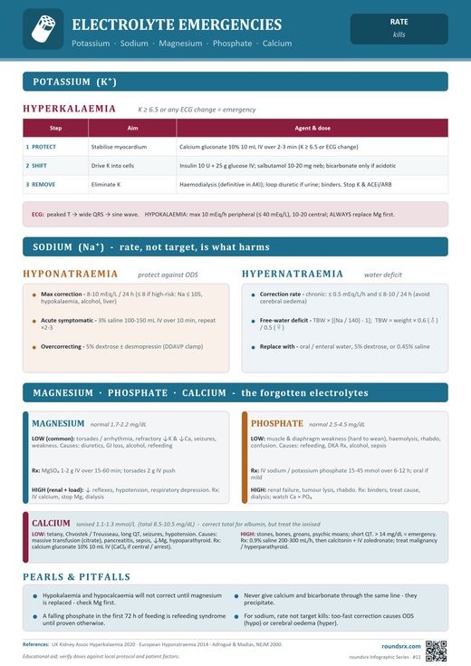 Electrolyte Emergencies one-page infographic. Potassium · Sodium · Magnesium · Phosphate · Calcium.