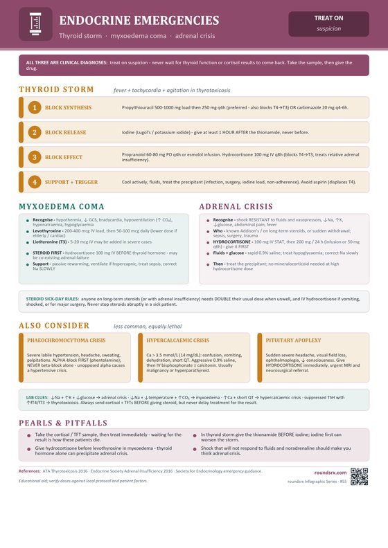 Endocrine Emergencies one-page infographic. Thyroid storm · myxoedema coma · adrenal crisis.
