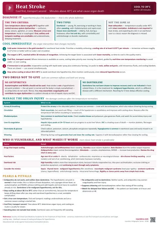 Heat Stroke one-page infographic. Cool first, transport second · target 39°C within 30 min. Tap to open the full-size printable PDF.
