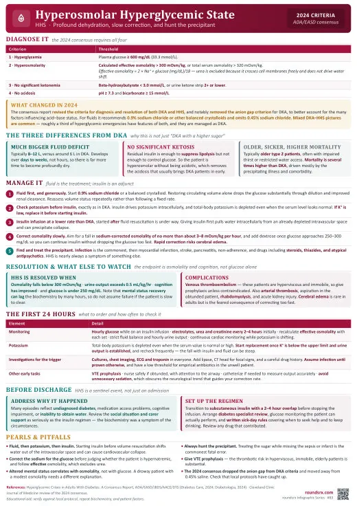 Hyperosmolar Hyperglycemic State one-page infographic. 2024 ADA/EASD criteria · profound dehydration, slow correction.