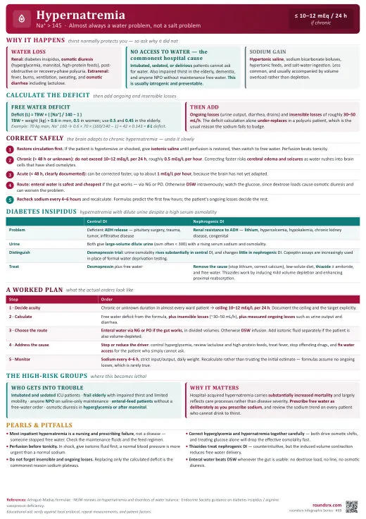 Hypernatremia one-page infographic. A water problem, not a salt problem · free water deficit. Tap to open the full-size printable PDF.
