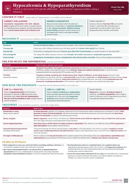 Hypocalcemia & Hypoparathyroidism one-page infographic. PTH splits it, phosphate splits it further · check the magnesium before calling it refractory. Tap to open the full-size printable PDF.