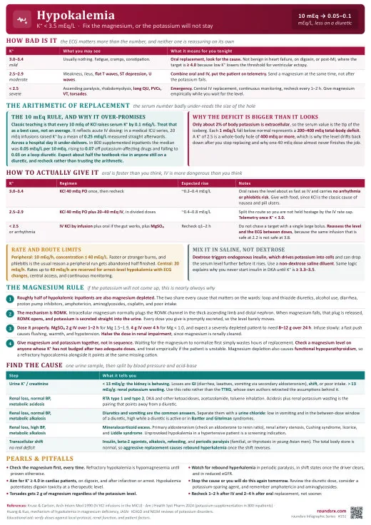 Hypokalemia one-page infographic. 10 mEq buys less than you think · fix the magnesium or it will not stay.