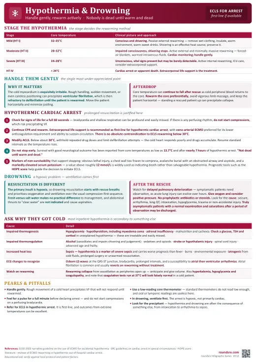 Hypothermia & Drowning one-page infographic. Handle gently · nobody is dead until warm and dead. Tap to open the full-size printable PDF.