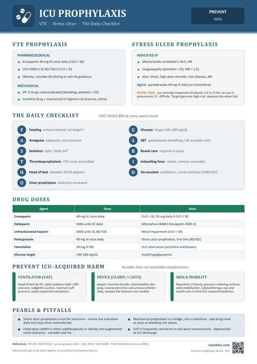 ICU Prophylaxis one-page infographic. VTE · Stress Ulcer · The Daily Checklist.