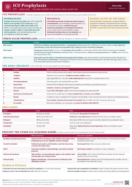 ICU Prophylaxis one-page infographic. VTE · Stress Ulcer · The Daily Checklist. Tap to open the full-size printable PDF.