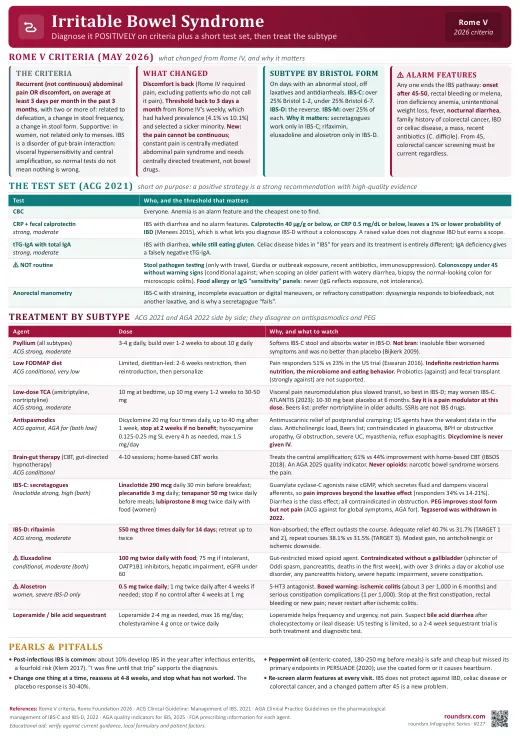 Irritable Bowel Syndrome one-page infographic. Rome V 2026 criteria, a positive diagnosis on a short test set, and drugs by subtype. Tap to open the full-size printable PDF.