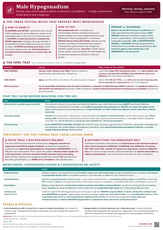 Male Hypogonadism one-page infographic. One afternoon level is not a diagnosis. Morning fasting repeat testing, the SHBG trap, and fertility.. Tap to open the full-size printable PDF.