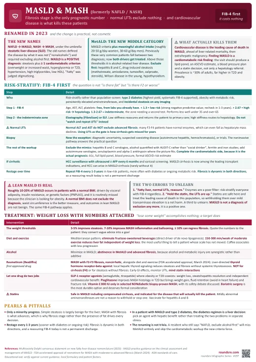 MASLD & MASH one-page infographic. Renamed from NAFLD in 2023 · FIB-4 first, normal LFTs exclude nothing, and CVD is what kills them. Tap to open the full-size printable PDF.
