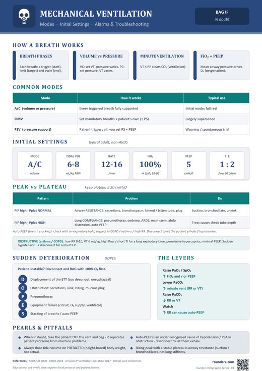 Mechanical Ventilation one-page infographic. Modes · Initial Settings · Alarms & Troubleshooting.