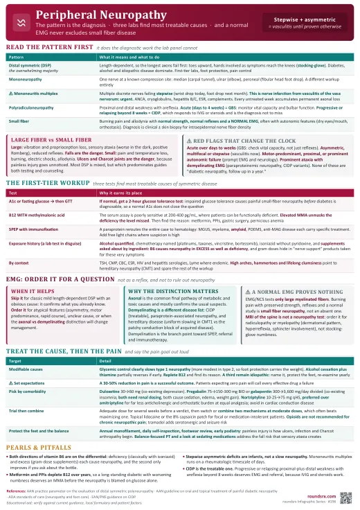 Peripheral Neuropathy one-page infographic. The pattern is the diagnosis · three labs find most treatable causes · a normal EMG never excludes small fiber disease. Tap to open the full-size printable PDF.