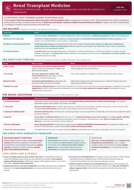 Renal Transplant Medicine one-page infographic. Never stop the immunosuppression · the infection timeline, and working the rising creatinine.