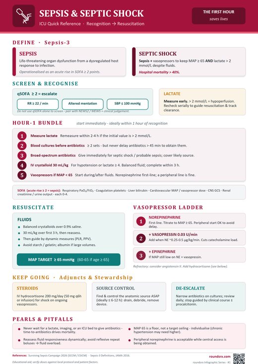 Sepsis & Septic Shock one-page infographic. Recognition → Resuscitation · the first hour.