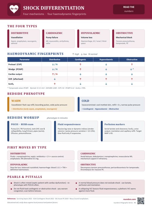 Shock Differentiation one-page infographic. Four mechanisms · four haemodynamic fingerprints.