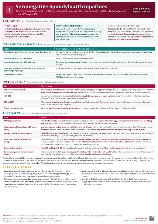 Seronegative Spondyloarthropathies one-page infographic. Inflammatory back pain, why csDMARDs fail axially, and the IL-17 trap in IBD. Tap to open the full-size printable PDF.