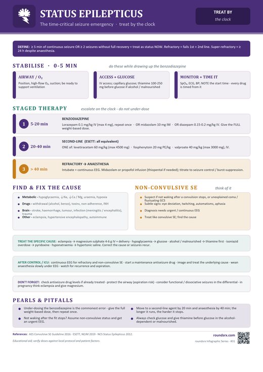 Status Epilepticus one-page infographic. The time-critical seizure emergency · treat by the clock.