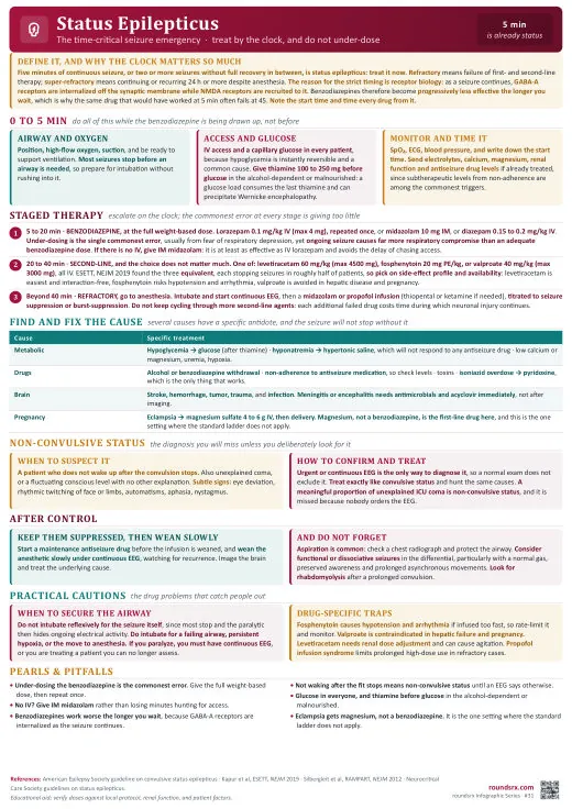 Status Epilepticus one-page infographic. The time-critical seizure emergency · treat by the clock. Tap to open the full-size printable PDF.