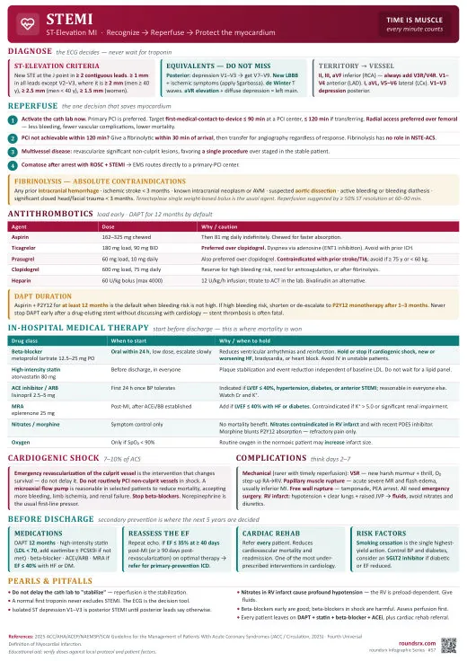STEMI one-page infographic. ST-elevation MI · recognize, reperfuse, protect the myocardium. Tap to open the full-size printable PDF.