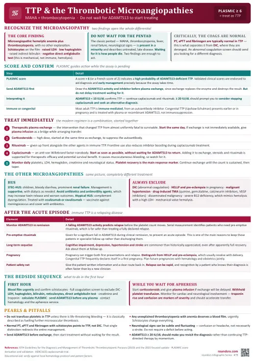 TTP & Thrombotic Microangiopathies one-page infographic. MAHA + thrombocytopenia · do not wait for ADAMTS13. Tap to open the full-size printable PDF.