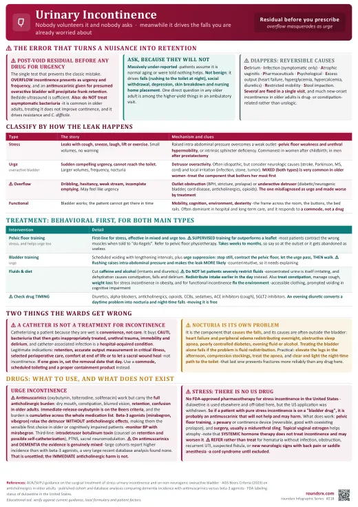 Urinary Incontinence one-page infographic. Check a post-void residual before you prescribe. Overflow masquerades as urge.. Tap to open the full-size printable PDF.