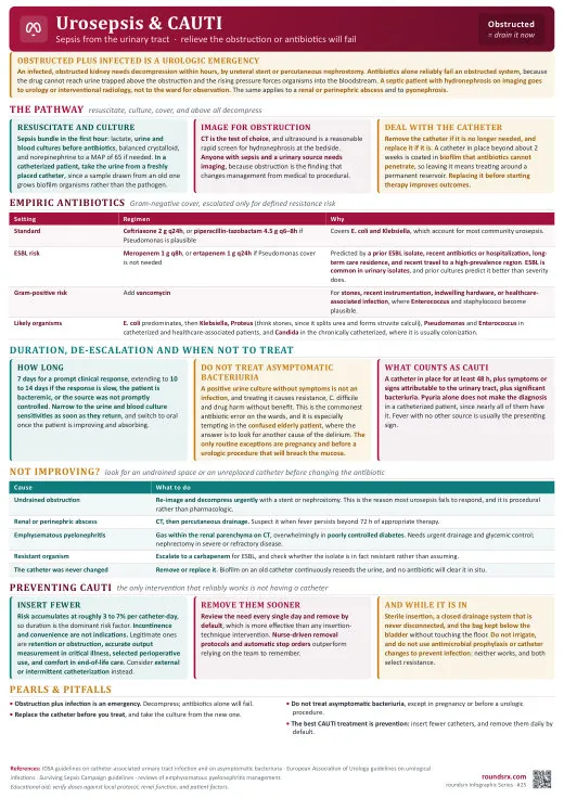 Urosepsis & CAUTI one-page infographic. Sepsis from the urinary tract · drain the obstruction. Tap to open the full-size printable PDF.