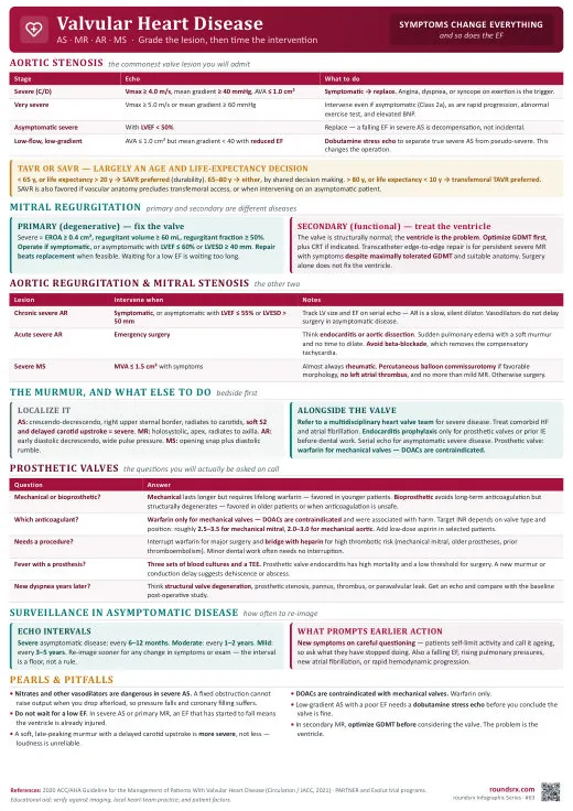 Valvular Heart Disease one-page infographic. AS · MR · AR · MS · grade the lesion, then time the intervention. Tap to open the full-size printable PDF.