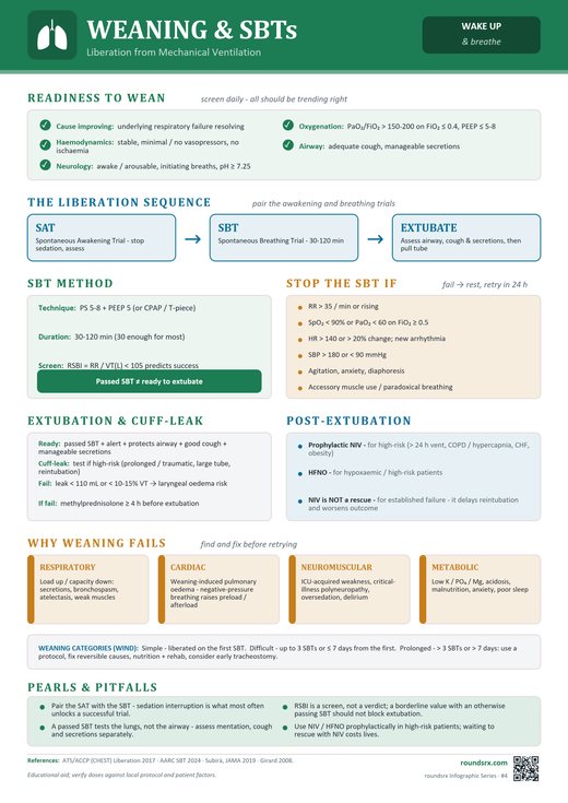 Weaning & SBTs one-page infographic. Liberation from Mechanical Ventilation.