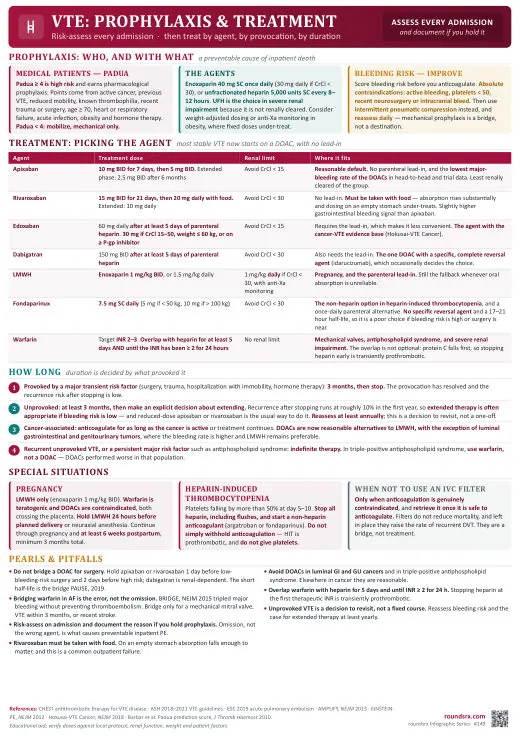 VTE: Prophylaxis & Treatment one-page infographic. Risk-assess every admission · then treat by agent, provocation and duration. Tap to open the full-size printable PDF.